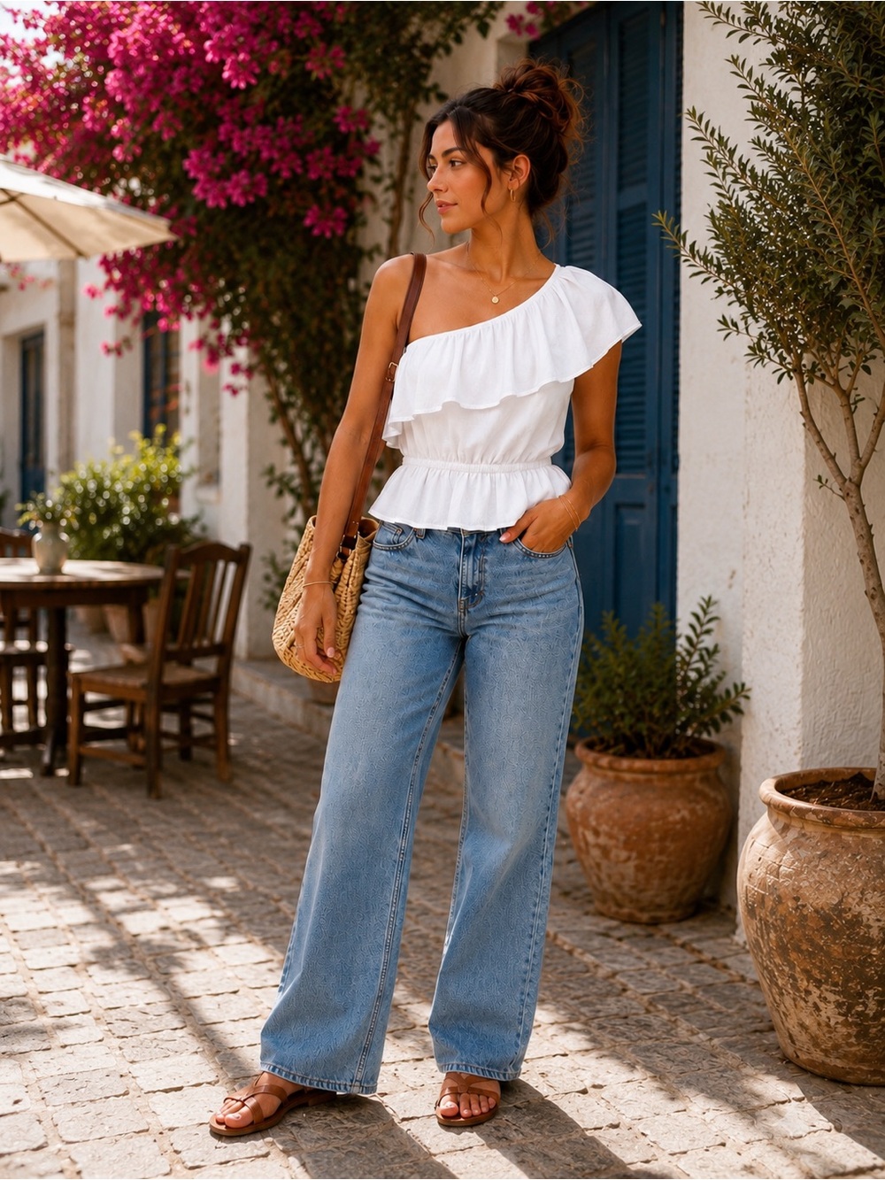 🌙✨Japna White One-Shoulder Ruffle Top